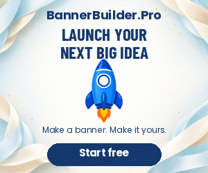 Animated 300 by 250 PRO banner with an AI background, editable title, moving rocket and Start free button